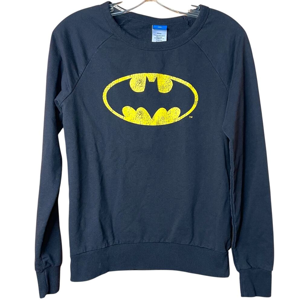 Batman Logo Sweatshirt Womens Medium Black Distressed DC Comics Crewneck